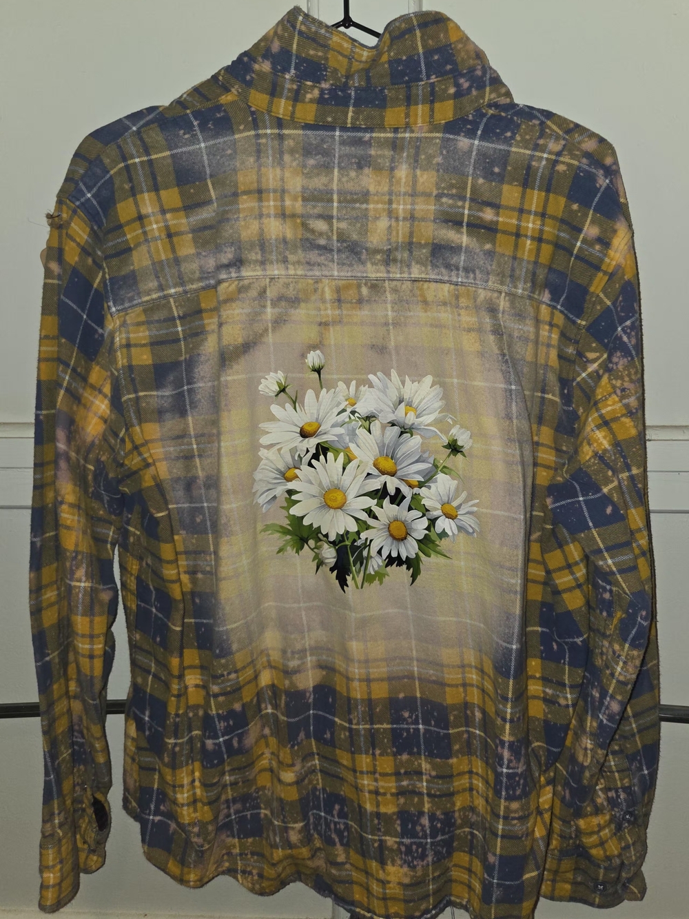 Yellow & Navy bleached Flannel Button-Down Shirt with Daisy Back Graphic